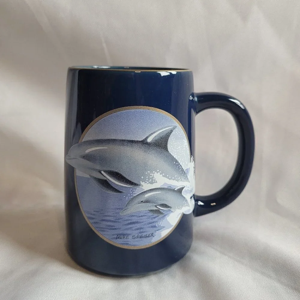 Vintage Otagiri Sunrise Publications Blue ceramic Dolphin Mug Coffee Cup Japan
